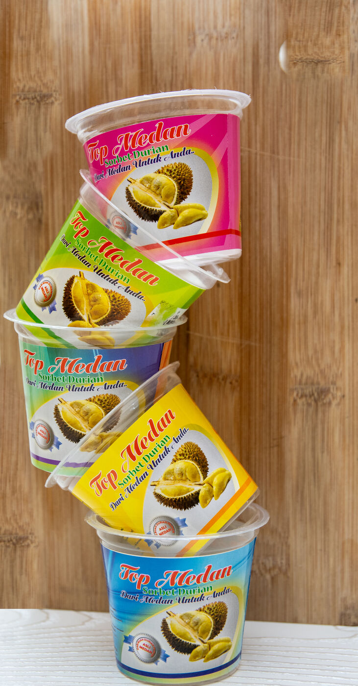 Stack of Top Medan durian sorbet cups